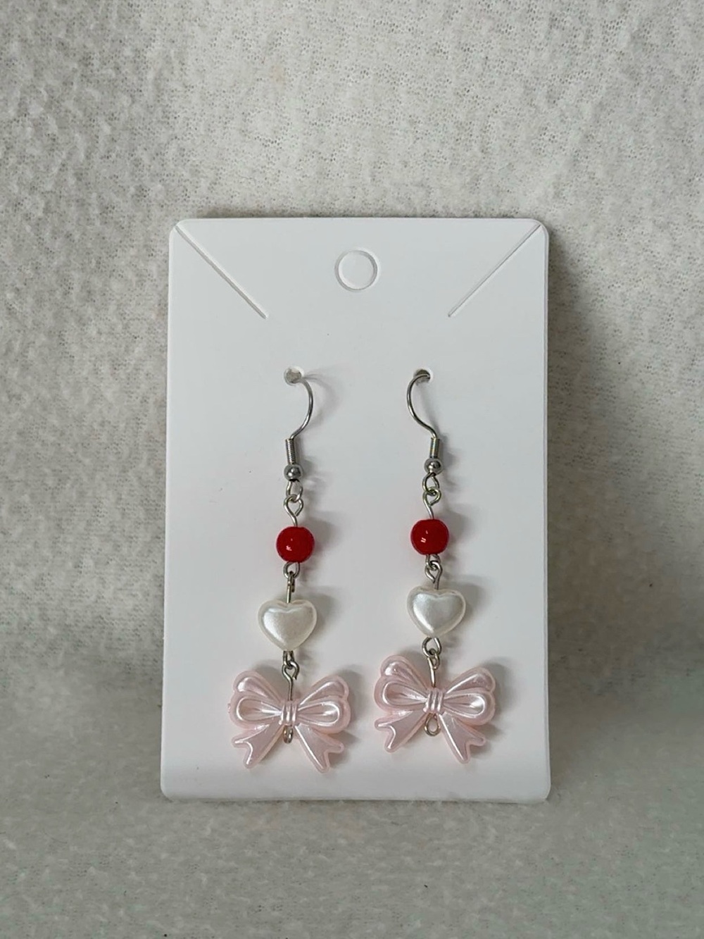 Pink Bow and Heart Drop Earrings with Red Bead